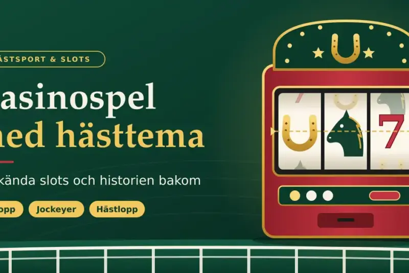 Grafisk illustration i grönt och guld med texten ”Casinospel med hästtema” bredvid en röd spelautomat vars hjul visar en hästsko, ett hästhuvud och en sjua ovanför ett vitt staket vid en galoppbana.