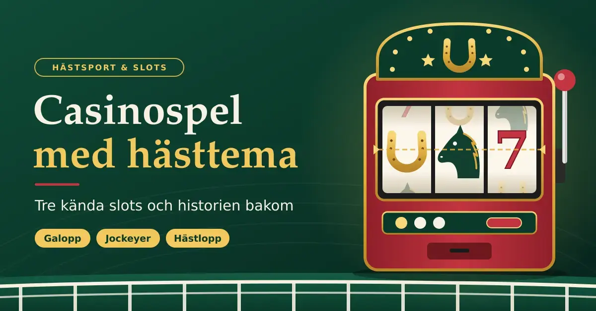 Grafisk illustration i grönt och guld med texten ”Casinospel med hästtema” bredvid en röd spelautomat vars hjul visar en hästsko, ett hästhuvud och en sjua ovanför ett vitt staket vid en galoppbana.