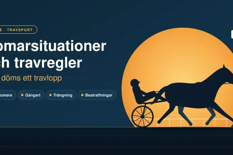 Illustration av en travhäst med sulky och kusk i siluett mot en orange sol, på väg över mållinjen vid målstolpen och domartornet, med rubriken ”Domarsituationer och travregler – så döms ett travlopp”.