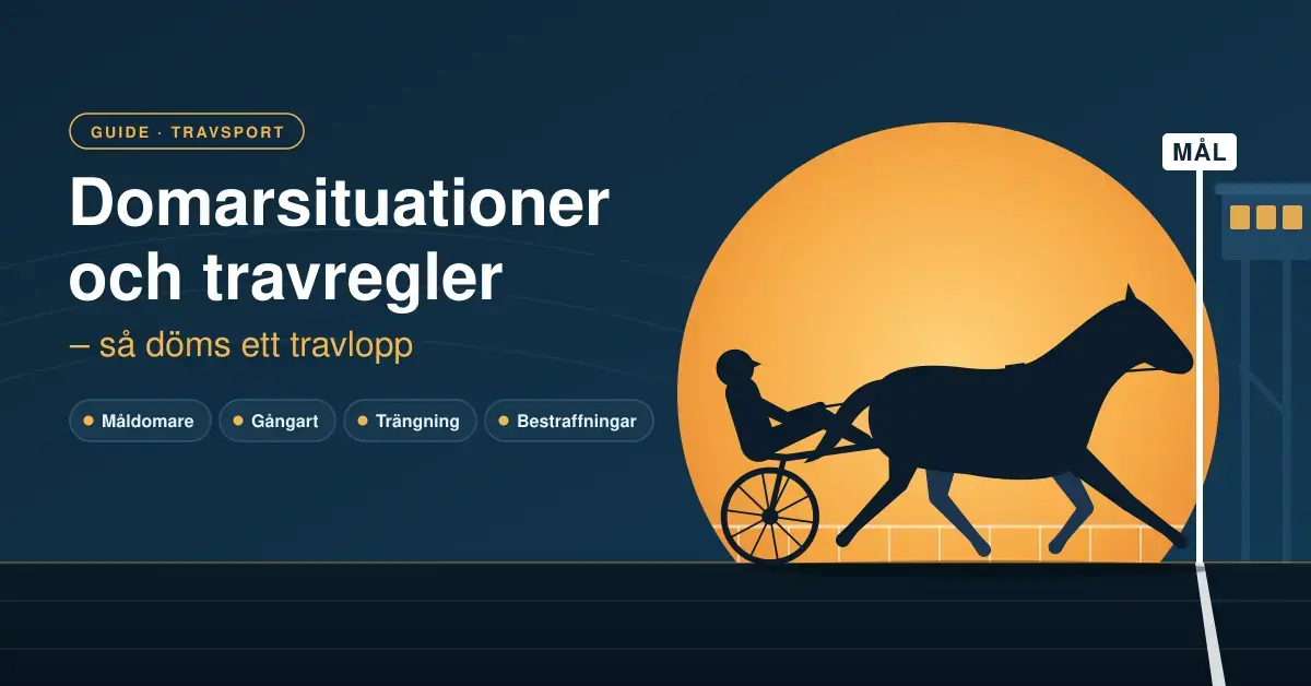 Illustration av en travhäst med sulky och kusk i siluett mot en orange sol, på väg över mållinjen vid målstolpen och domartornet, med rubriken ”Domarsituationer och travregler – så döms ett travlopp”.
