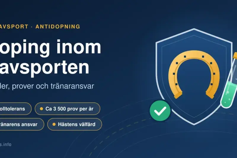 Grafik med rubriken "Doping inom travsporten" bredvid en sköld med en hästsko, ett provrör och en bock som symboliserar antidopningskontroller i travet.