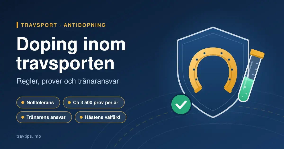 Grafik med rubriken "Doping inom travsporten" bredvid en sköld med en hästsko, ett provrör och en bock som symboliserar antidopningskontroller i travet.