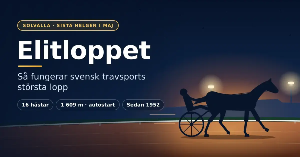 Illustration av en travhäst med kusk och sulky i full fart på en upplyst travbana i kvällsljus, med rubriken ”Elitloppet”, underrubriken ”Så fungerar svensk travsports största lopp” och fakta om 16 hästar, 1 609 m autostart och sedan 1952.