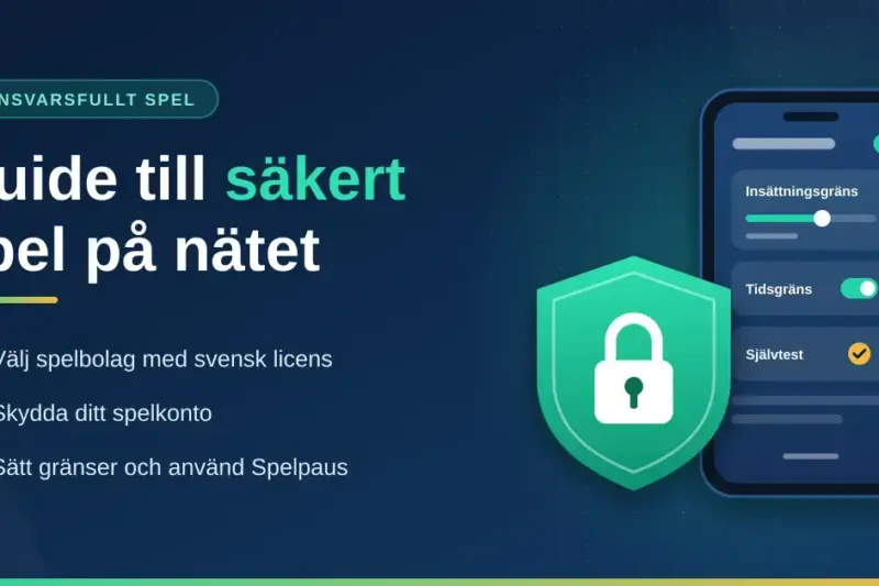 Illustration med en grön sköld med hänglås, en mobil med insättningsgräns och tidsgräns samt rubriken ”Guide till säkert spel på nätet” och tips om svensk licens, kontoskydd och Spelpaus.