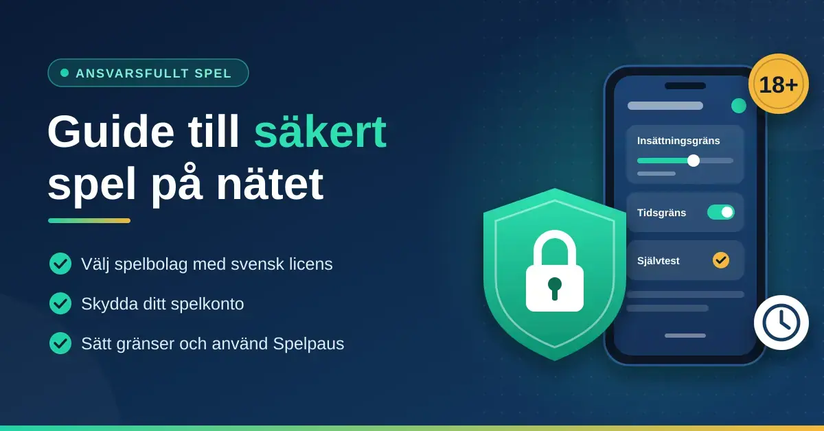 Illustration med en grön sköld med hänglås, en mobil med insättningsgräns och tidsgräns samt rubriken ”Guide till säkert spel på nätet” och tips om svensk licens, kontoskydd och Spelpaus.
