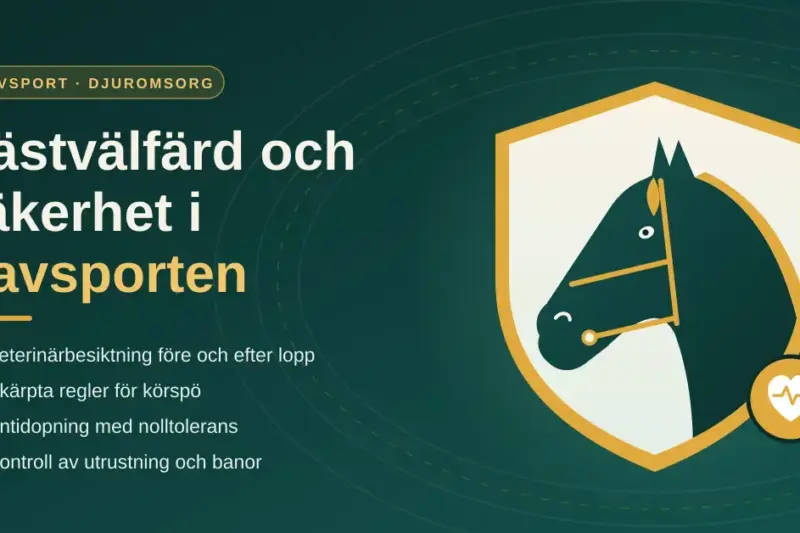 Illustration av ett hästhuvud med träns i en gyllene sköld med ett hjärta, bredvid rubriken "Hästvälfärd och säkerhet i travsporten" och en lista över veterinärbesiktning, regler för körspö, antidopning och kontroll av utrustning och banor.