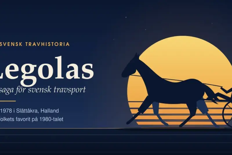 Grafisk illustration av en travhäst med sulky och kusk i siluett mot en gyllene solnedgång, bredvid texten ”Legolas – En saga för svensk travsport”.