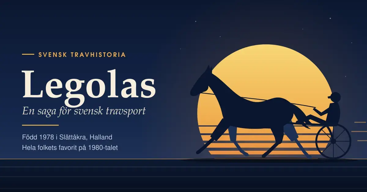 Grafisk illustration av en travhäst med sulky och kusk i siluett mot en gyllene solnedgång, bredvid texten ”Legolas – En saga för svensk travsport”.