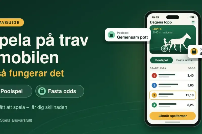 Grön illustration med rubriken "Spela på trav i mobilen – så fungerar det" bredvid en mobiltelefon som visar ett travlopp med häst och sulky, en startlista med odds samt valen poolspel och fasta odds.