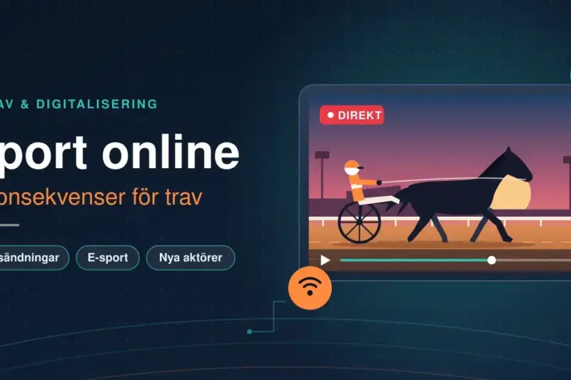 Illustration av en surfplatta som visar en direktsänd travtävling med häst, sulky och kusk i solnedgång, bredvid rubriken "Sport online – konsekvenser för trav" och ikoner för e-sport och streaming.