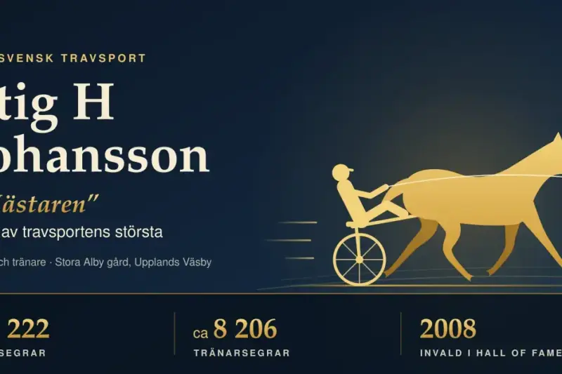 Grafik i guld och mörkblått med en stiliserad travhäst och sulky, rubriken ”Stig H Johansson – Mästaren” samt fakta om cirka 6 222 kusksegrar, 8 206 tränarsegrar och invalet i Hall of Fame 2008.