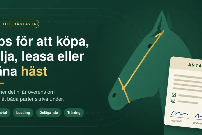 Illustration med en stiliserad hästhuvudsilhuett med träns, ett påskrivet avtal och en penna mot mörkgrön bakgrund, bredvid rubriken ”Tips för att köpa, sälja, leasa eller träna häst”.