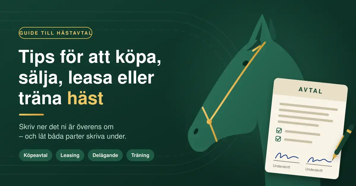 Illustration med en stiliserad hästhuvudsilhuett med träns, ett påskrivet avtal och en penna mot mörkgrön bakgrund, bredvid rubriken ”Tips för att köpa, sälja, leasa eller träna häst”.