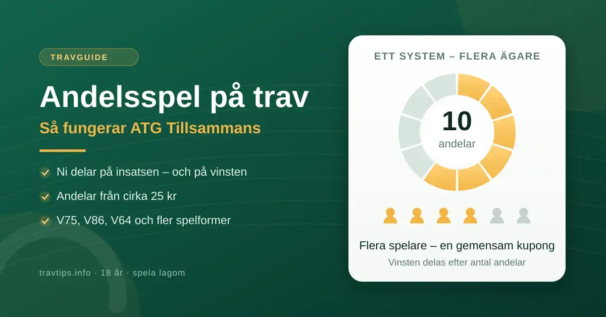 Infografik om andelsspel på trav med rubriken ”Andelsspel på trav – så fungerar ATG Tillsammans” och ett cirkeldiagram som visar hur ett spelsystem delas upp i tio andelar mellan flera spelare.