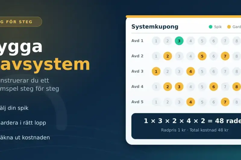 Grafik med rubriken ”Bygga travsystem” bredvid en systemkupong där en spik och flera garderingar är markerade i fem avdelningar och uträkningen 1 × 3 × 2 × 4 × 2 = 48 rader visas.
