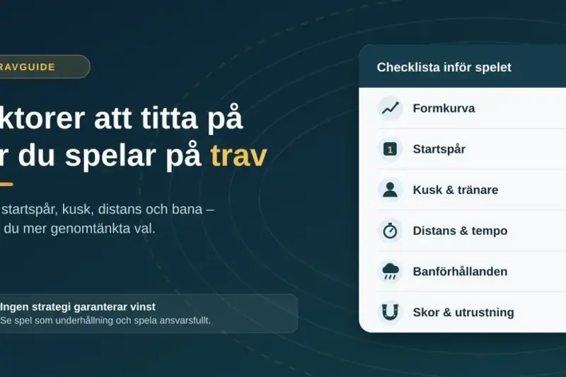 Grafik med rubriken ”Faktorer att titta på när du spelar på trav” och en checklista med formkurva, startspår, kusk och tränare, distans och tempo, banförhållanden samt skor och utrustning, plus en påminnelse om att ingen strategi garanterar vinst.