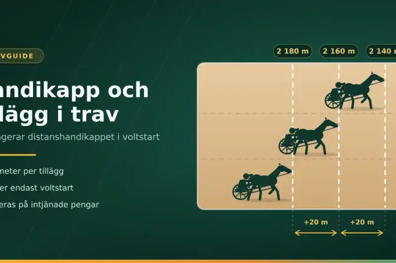 Illustration av travbana där tre hästar med sulky startar på olika distanser – 2 140, 2 160 och 2 180 meter – med 20 meters tillägg mellan varje startlinje.