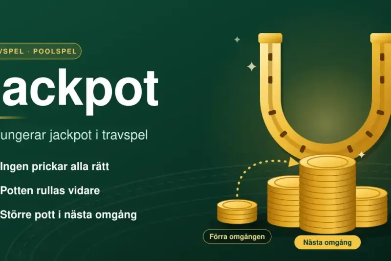 Grafik om jackpot i travspel med en guldfärgad hästsko och myntstaplar, där en pil visar hur pengar från förra omgången rullas vidare till en större pott i nästa omgång.