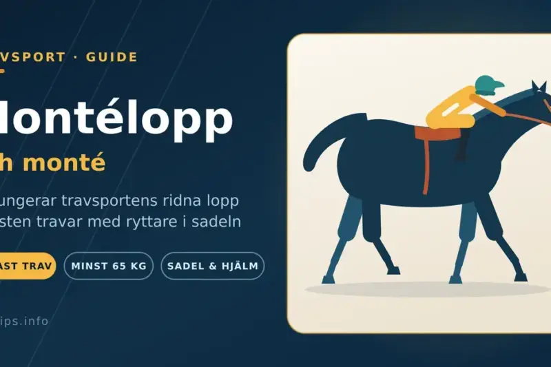 Illustration av ett montélopp där en ryttare i gula tävlingskläder och hjälm rider en travhäst, med rubriken "Montélopp och monté".