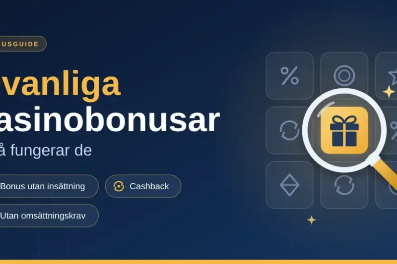 Grafik med rubriken ”Ovanliga casinobonusar – så fungerar de”, etiketterna bonus utan insättning, cashback och utan omsättningskrav samt ett förstoringsglas som framhäver en guldfärgad presentruta bland vanliga bonussymboler.