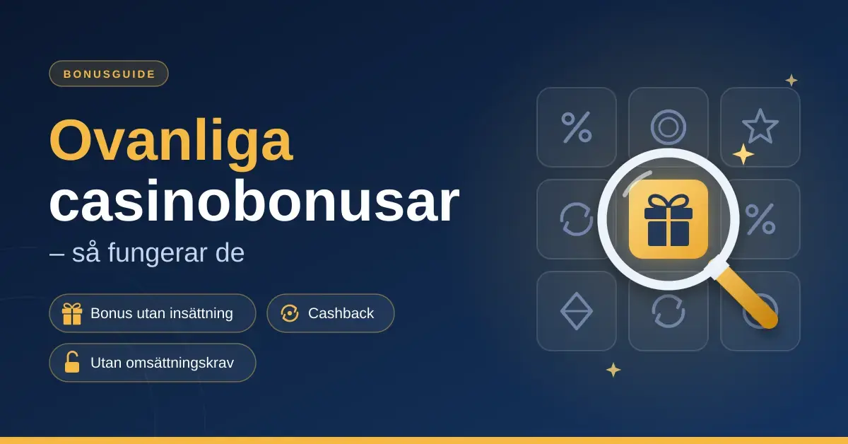 Grafik med rubriken ”Ovanliga casinobonusar – så fungerar de”, etiketterna bonus utan insättning, cashback och utan omsättningskrav samt ett förstoringsglas som framhäver en guldfärgad presentruta bland vanliga bonussymboler.