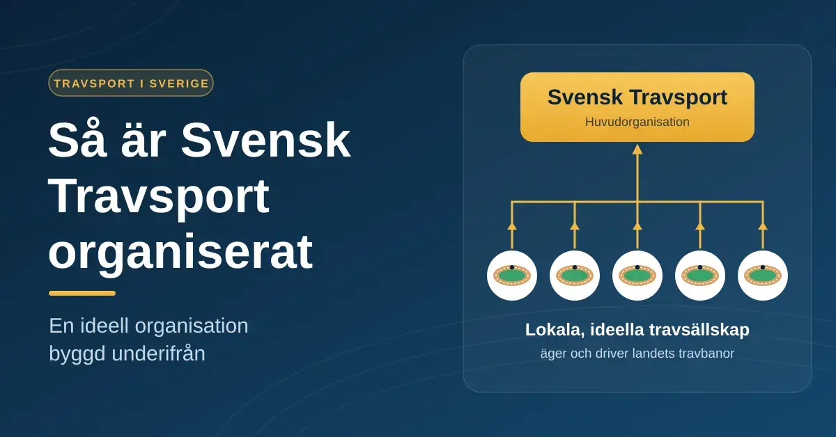 Grafik med rubriken "Så är Svensk Travsport organiserat" och ett organisationsschema där pilar går från lokala, ideella travsällskap upp till huvudorganisationen Svensk Travsport, vilket visar att organisationen är byggd underifrån.