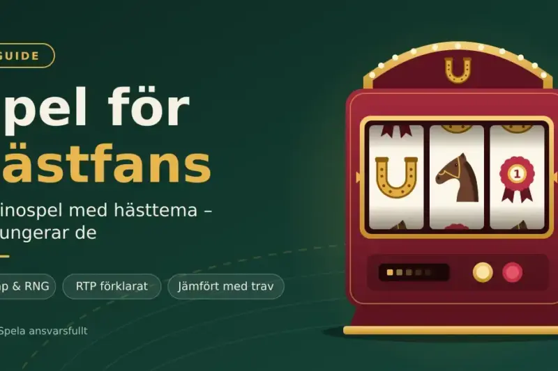 Illustration av en spelautomat med hästhuvud, hästsko och rosett på hjulen bredvid rubriken ”Spel för hästfans” och texten ”Casinospel med hästtema – så fungerar de” mot en mörkgrön bakgrund.