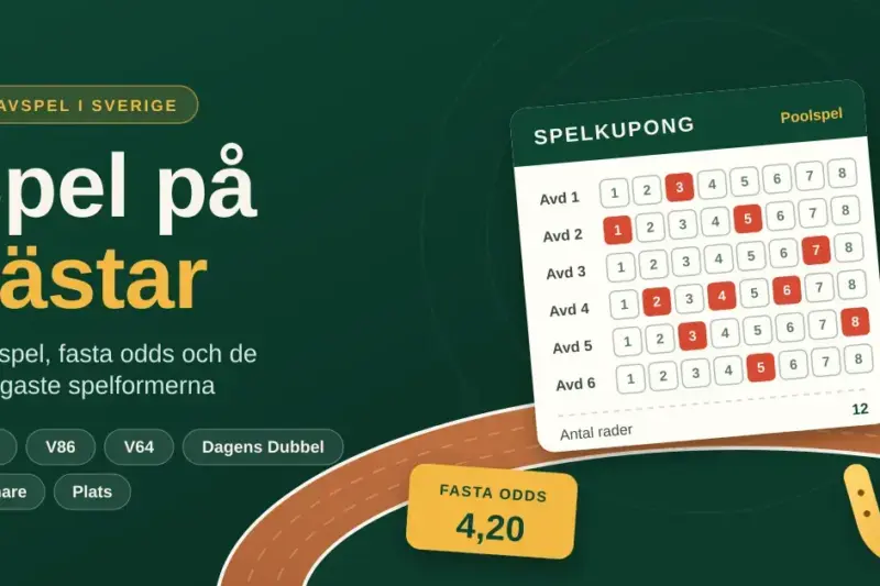 Grafik med rubriken "Spel på hästar" bredvid en spelkupong för poolspel, en lapp med fasta odds, en travbana och en hästsko i guld mot mörkgrön bakgrund.