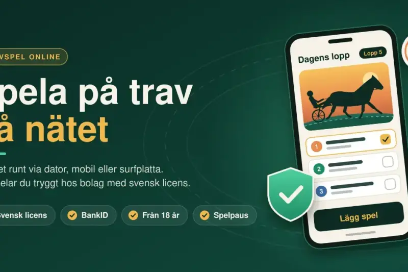 Grafik med rubriken ”Spela på trav på nätet” och en mobiltelefon som visar ett travlopp med häst och sulky, en spelkupong och knappen ”Lägg spel”, tillsammans med en sköld med bock och märkningar för svensk licens, BankID, 18 års åldersgräns och Spelpaus.
