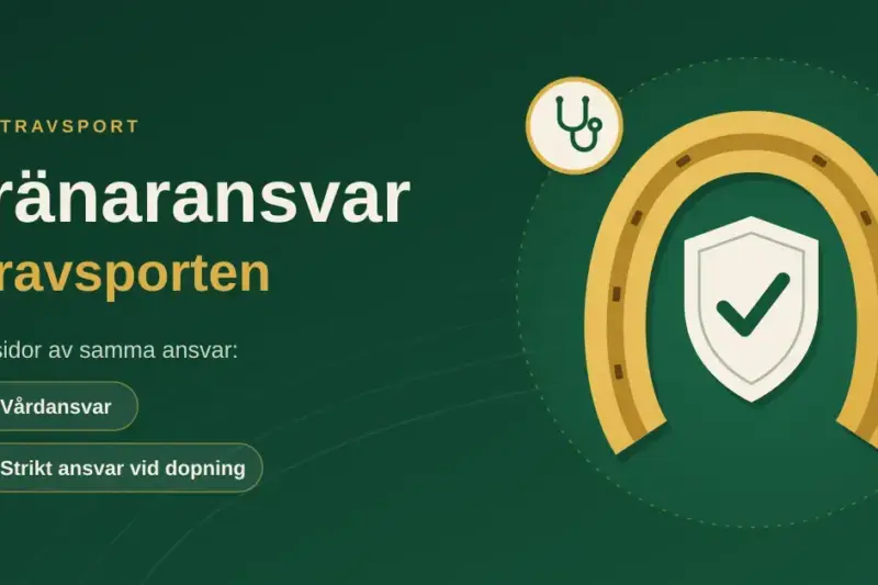 Grafisk illustration med rubriken "Tränaransvar i travsporten", en guldfärgad hästsko med en sköld och bock samt ikoner för stetoskop och provrör som symboliserar vårdansvar och strikt ansvar vid dopning.