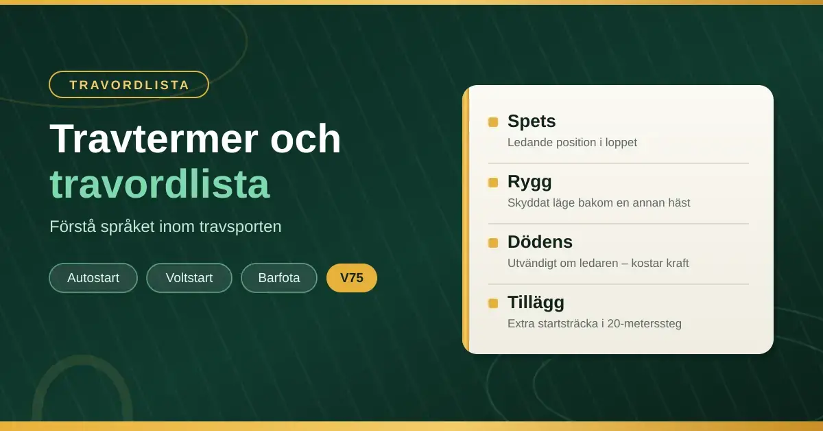 Grafik med rubriken "Travtermer och travordlista" och ett kort som förklarar travtermerna spets, rygg, dödens och tillägg.