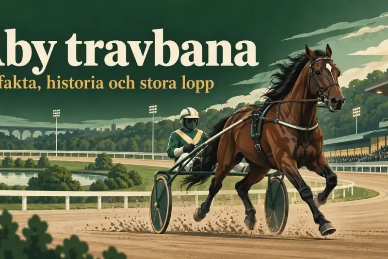 Illustration av en travhäst med sulky och kusk på en travbana framför läktare, med rubriken ”Åby travbana – Banfakta, historia och stora lopp”.