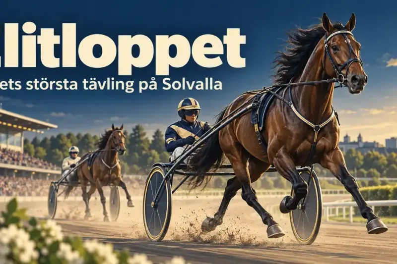 Illustration av två travhästar med kuskar i sulky på en travbana, med texten ”Elitloppet – Travets största tävling på Solvalla”.