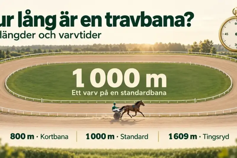 Illustration av en oval travbana med häst och sulky, ett stoppur och uppgifter om banlängderna 800, 1 000 och 1 609 meter.