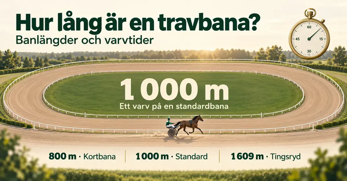 Illustration av en oval travbana med häst och sulky, ett stoppur och uppgifter om banlängderna 800, 1 000 och 1 609 meter.