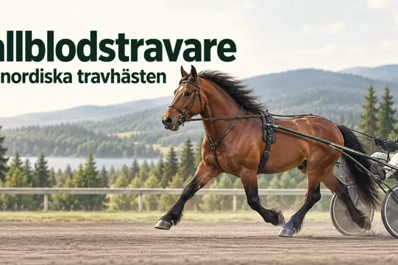 En brun kallblodstravare drar en sulky med kusk på en travbana framför ett nordiskt skogslandskap, under texten ”Kallblodstravare – Den nordiska travhästen”.