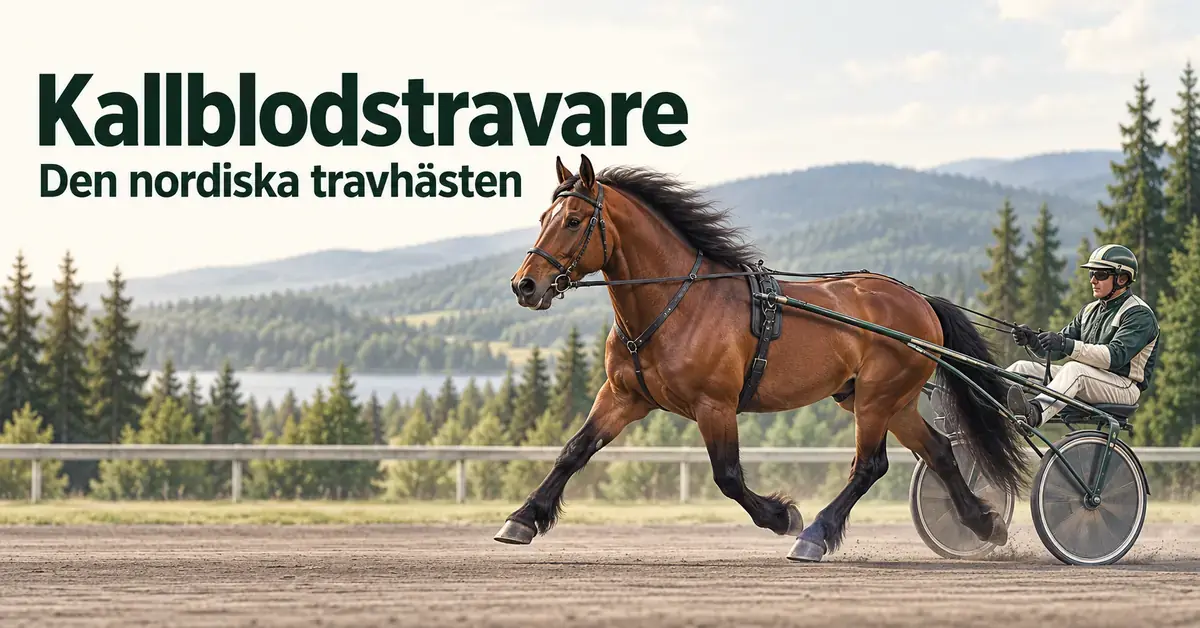 En brun kallblodstravare drar en sulky med kusk på en travbana framför ett nordiskt skogslandskap, under texten ”Kallblodstravare – Den nordiska travhästen”.