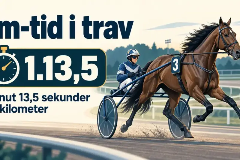 Illustration av en travhäst med sulky och ett stoppur som visar km-tiden 1.13,5, vilket motsvarar 1 minut och 13,5 sekunder per kilometer.