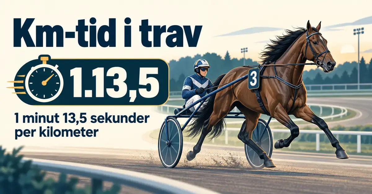 Illustration av en travhäst med sulky och ett stoppur som visar km-tiden 1.13,5, vilket motsvarar 1 minut och 13,5 sekunder per kilometer.