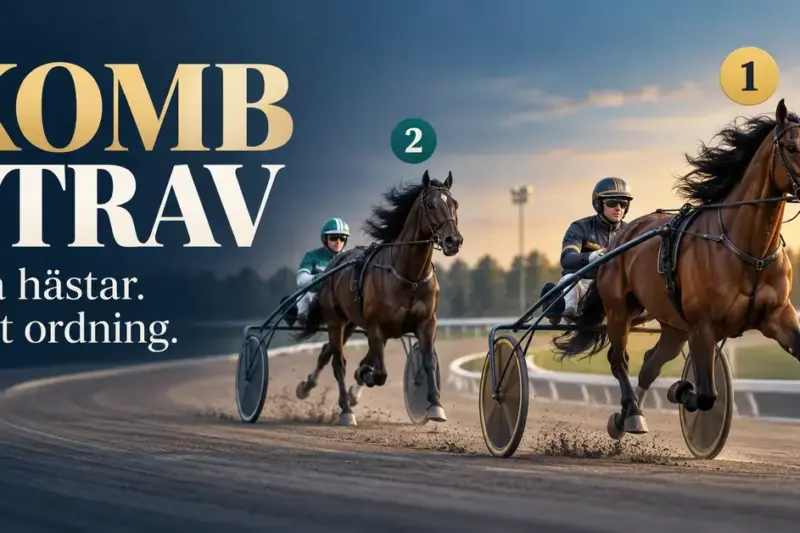 Två travhästar med sulky och kusk, markerade med första och andra plats, illustrerar Komb med texten ”Komb i trav – Två hästar. Rätt ordning.”