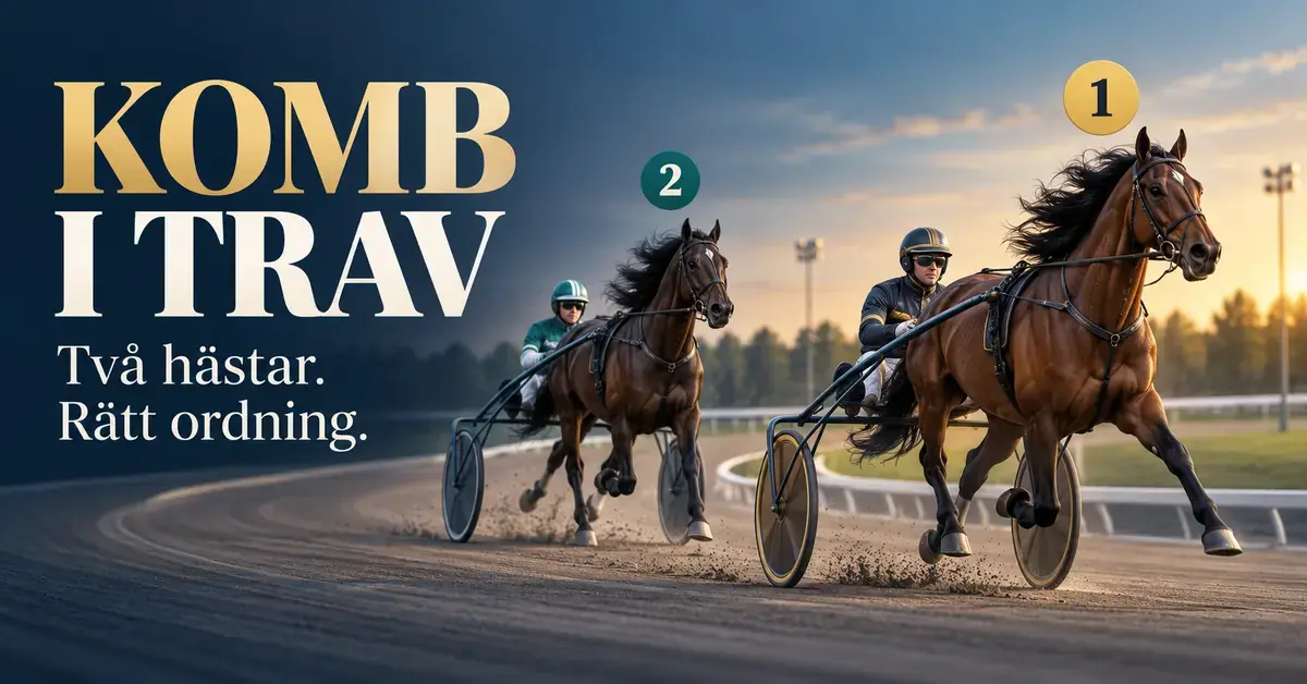 Två travhästar med sulky och kusk, markerade med första och andra plats, illustrerar Komb med texten ”Komb i trav – Två hästar. Rätt ordning.”