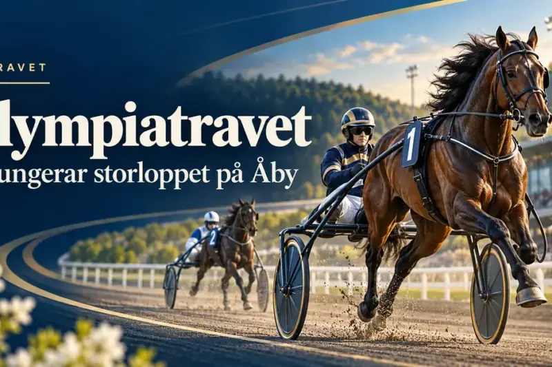 Illustration av två travhästar med kuskar i sulky på Åbytravet och texten ”Olympiatravet – Så fungerar storloppet på Åby”.