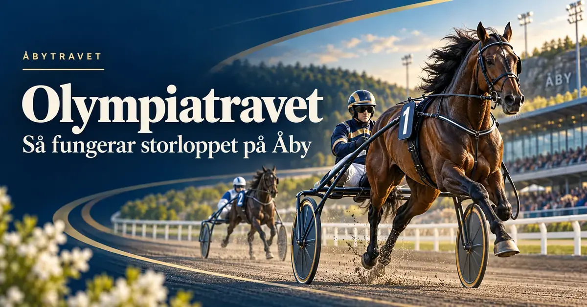 Illustration av två travhästar med kuskar i sulky på Åbytravet och texten ”Olympiatravet – Så fungerar storloppet på Åby”.