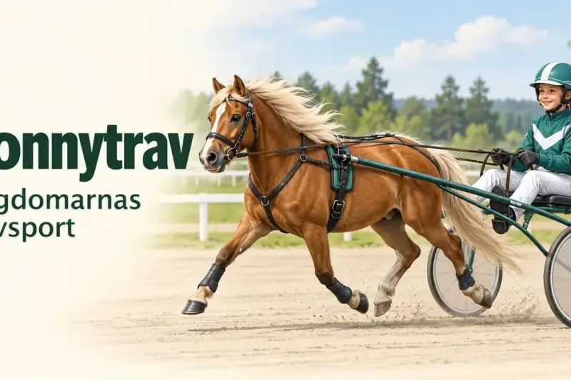 Illustration av en ung kusk med hjälm som kör en brun ponny med sulky på en travbana, intill texten ”Ponnytrav – Ungdomarnas travsport”.