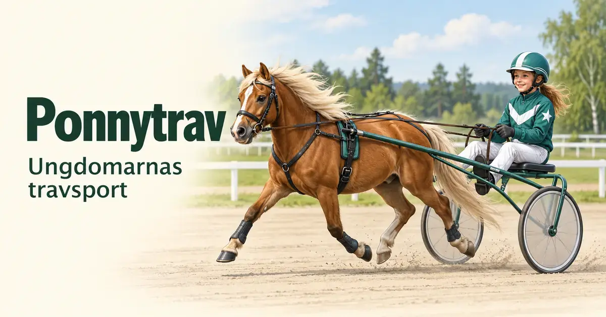 Illustration av en ung kusk med hjälm som kör en brun ponny med sulky på en travbana, intill texten ”Ponnytrav – Ungdomarnas travsport”.