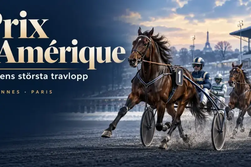 Illustration av travhästar med kuskar i sulky på Vincennes i Paris, med texten Prix d'Amérique – världens största travlopp.