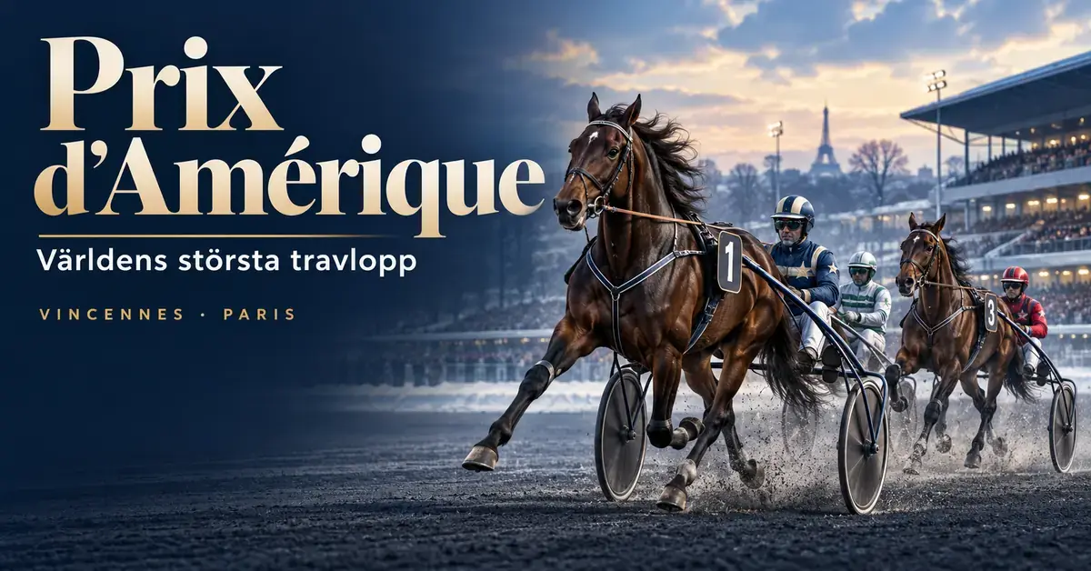 Illustration av travhästar med kuskar i sulky på Vincennes i Paris, med texten Prix d'Amérique – världens största travlopp.
