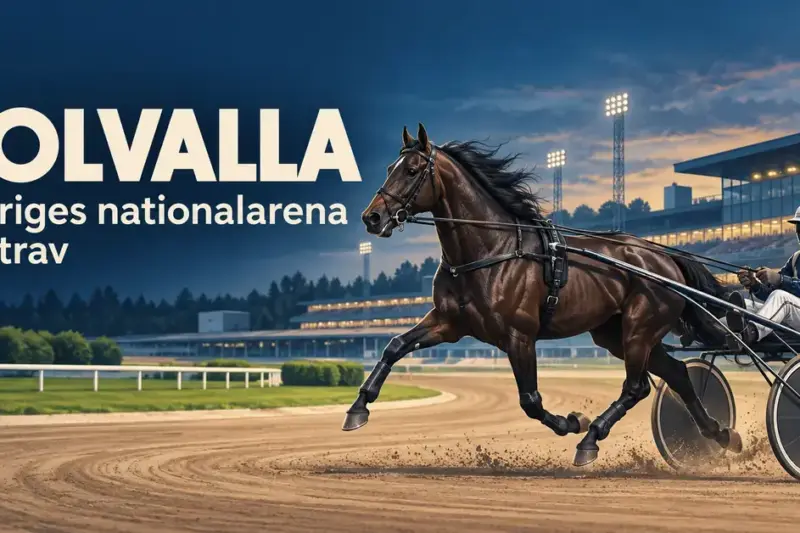 Illustration av en travhäst med sulky och kusk framför en upplyst läktare, med texten ”Solvalla – Sveriges nationalarena för trav”.