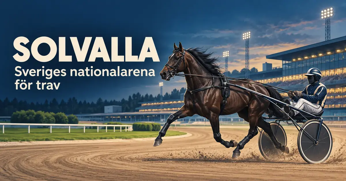 Illustration av en travhäst med sulky och kusk framför en upplyst läktare, med texten ”Solvalla – Sveriges nationalarena för trav”.