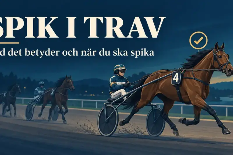 Illustration av tre travhästar med kuskar i sulky, där häst nummer fyra markeras med en gul bock som spik under rubriken ”Spik i trav – vad det betyder och när du ska spika”.